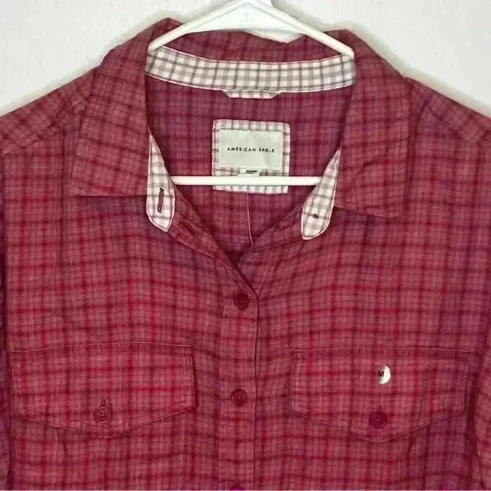American Eagle Cropped Long Sleeve‎ Flannel Shirt Women Medium Pink Casual NWT